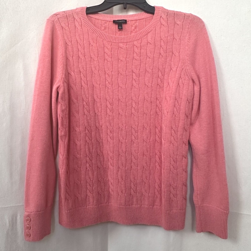 Talbots Soft Preppy Fisherman Cable Knit Sweater Lambswool Blend Coral Pink Sz L